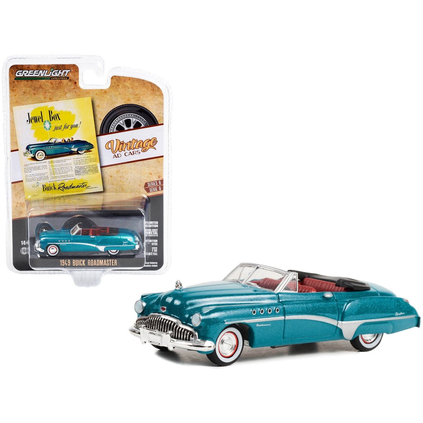 1949 Buick Roadmaster Blue Metallic with Red Interior "Jewel Box Just For You!" "Vintage Ad Cars" Series 8 1/64 Diecast Model Car by Greenlight