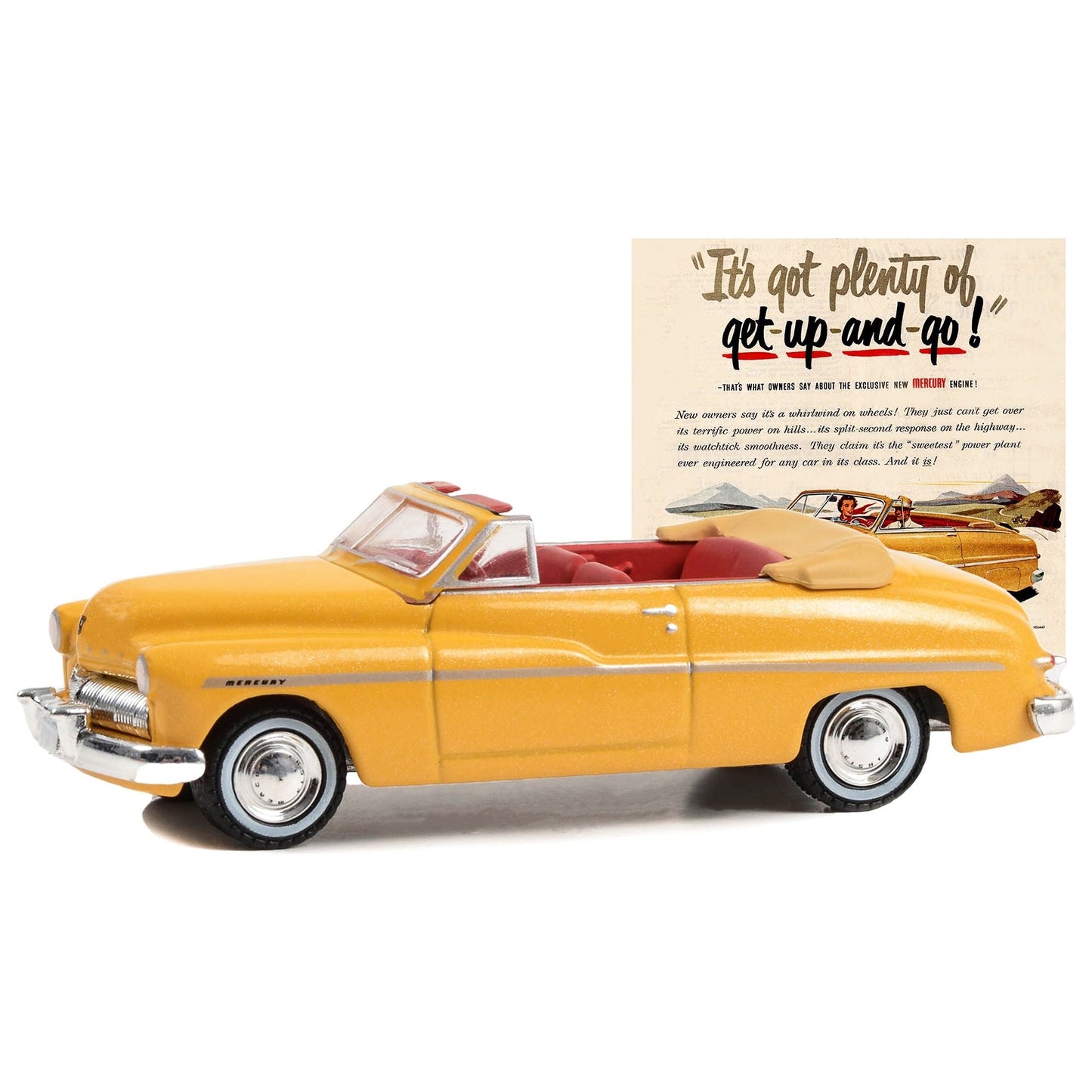 1949 Mercury Eight Convertible Yellow Metallic with Red Interior "Itâ€™s Got Plenty Of Get-Up-And-Go!" "Vintage Ad Cars" Series 9 1/64 Diecast Model Car by Greenlight