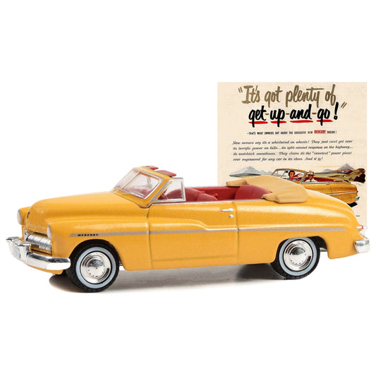 1949 Mercury Eight Convertible Yellow Metallic with Red Interior "Itâ€™s Got Plenty Of Get-Up-And-Go!" "Vintage Ad Cars" Series 9 1/64 Diecast Model Car by Greenlight