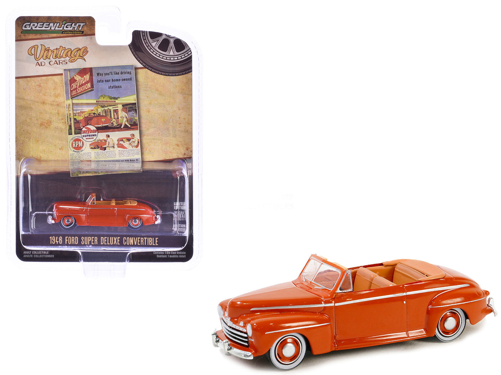 1946 Ford Super Deluxe Convertible Orange "Chevron Supreme" "Vintage Ad Cars" Series 10 1/64 Diecast Model Car by Greenlight