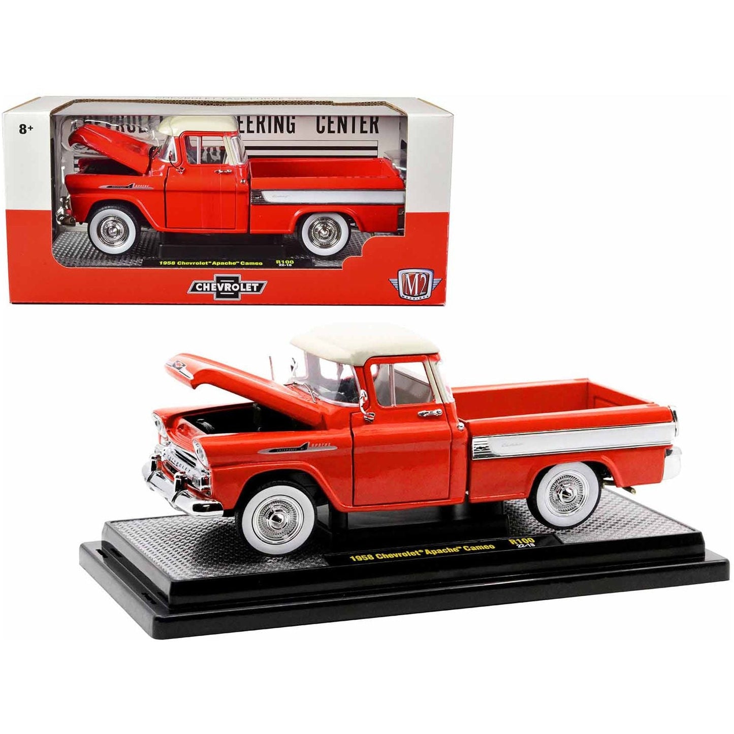 1958 Chevrolet Apache Cameo Pickup Truck Cardinal Red with Wimbledon White Top Limited Edition to 6550 pieces Worldwide 1/24 Diecast Model Car by M2 Machines