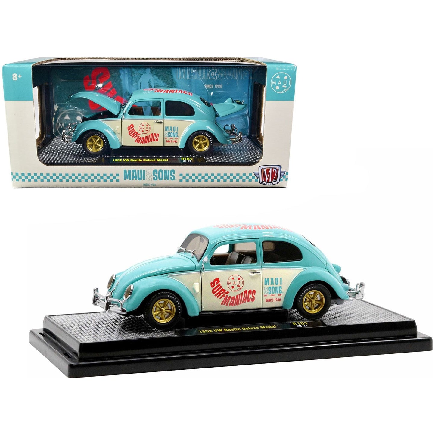 1952 Volkswagen Beetle Deluxe Model Light Blue and Wimbledon White â€œMaui & Sonsâ€ Limited Edition to 3850 pieces Worldwide 1/24 Diecast Model Car by M2 Machines