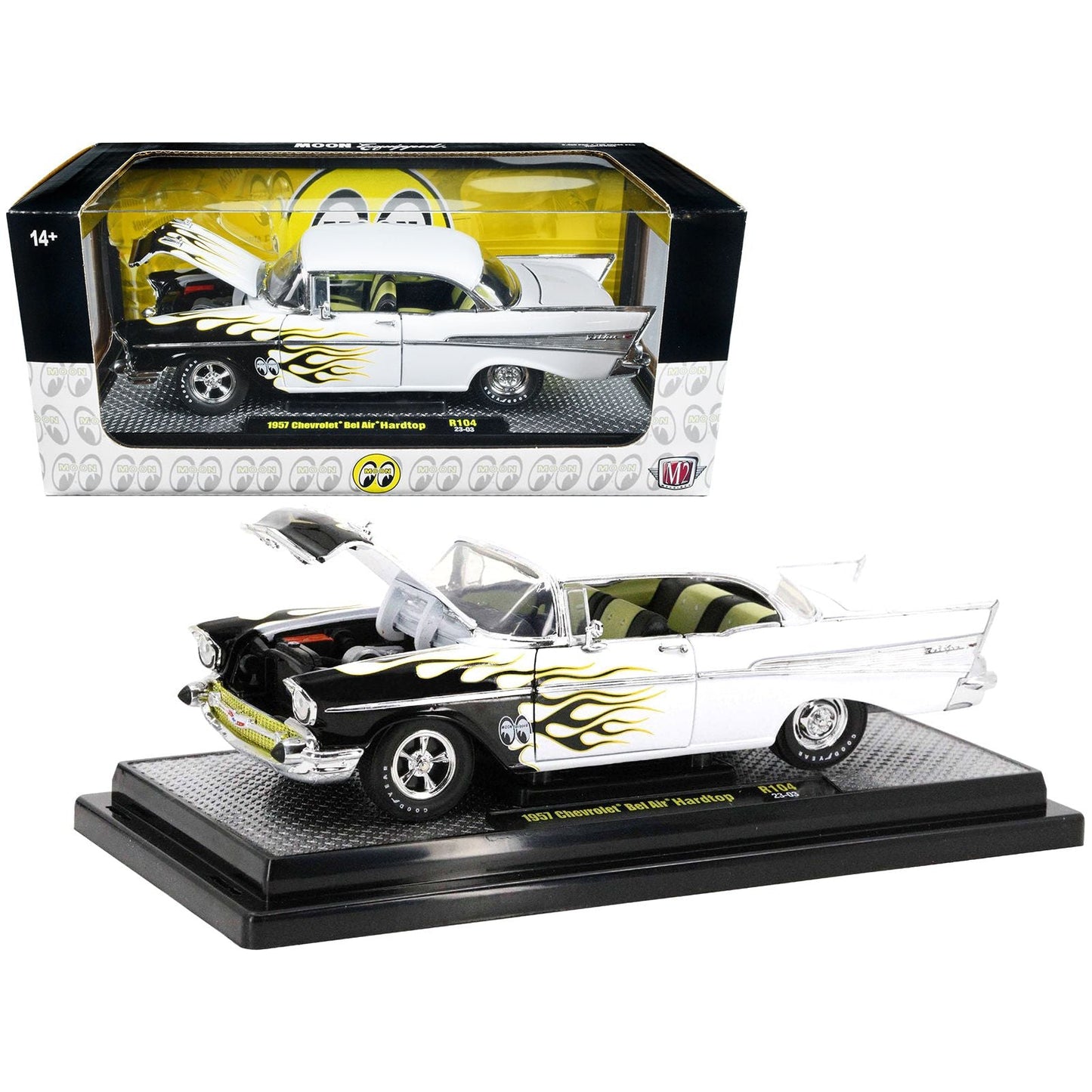 1957 Chevrolet Bel Air Hardtop Bright White with Flames "Mooneyes" Limited Edition to 6450 pieces Worldwide 1/24 Diecast Model Car by M2 Machines