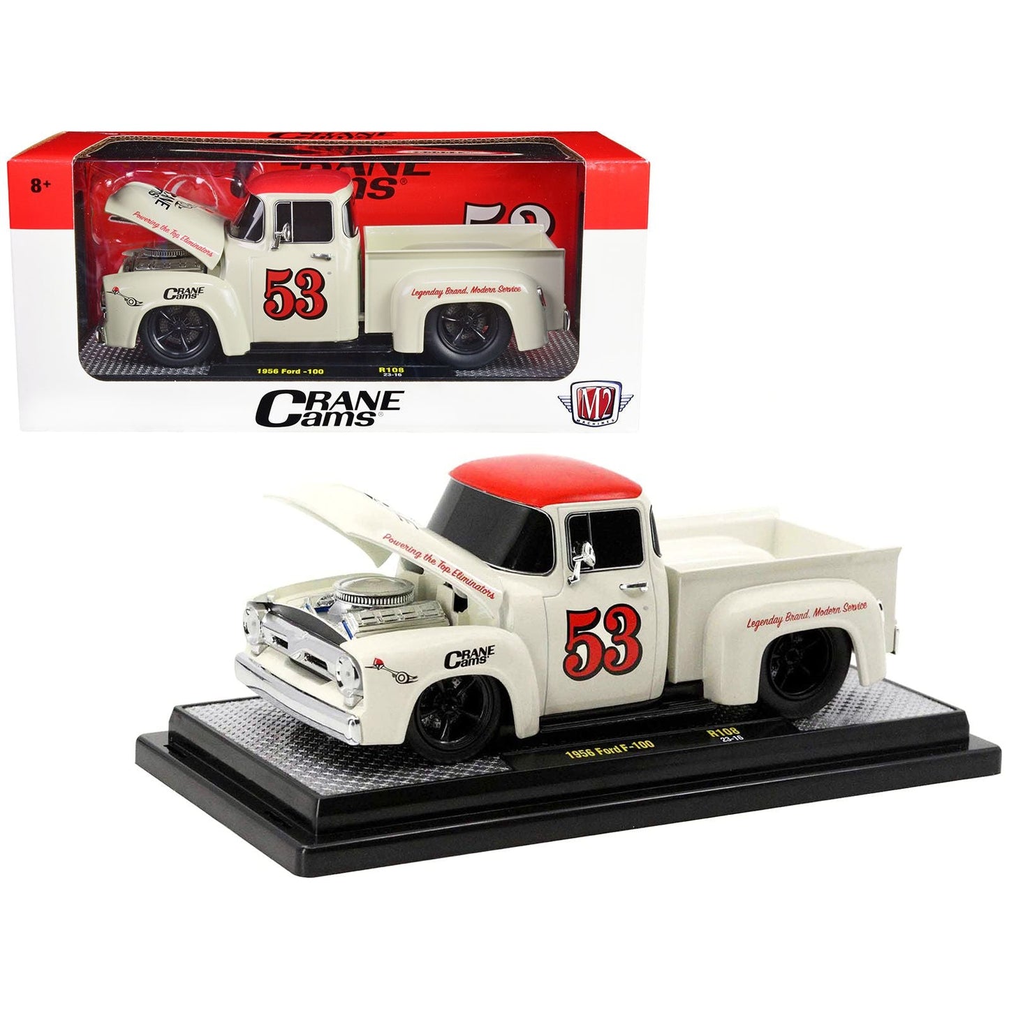 1956 Ford F-100 Pickup Truck Wimbledon White with Red Top "Crane Cams" Limited Edition to 6150 pieces Worldwide 1/24 Diecast Model Car by M2 Machines