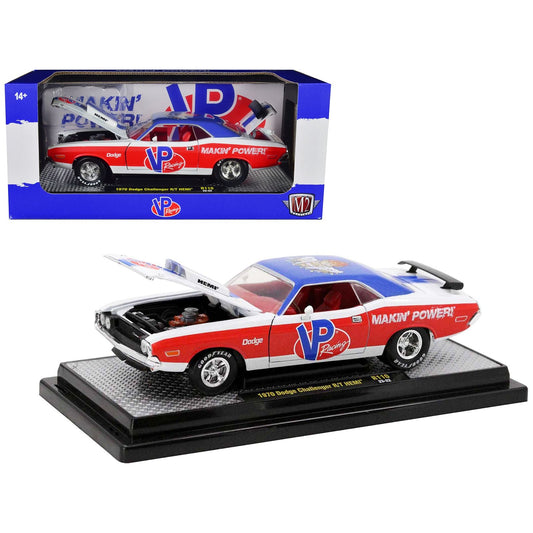 1970 Dodge Challenger R/T Hemi White with Red and Blue Stripes with Red Interior "VP Racing" Limited Edition to 5710 pieces Worldwide 1/24 Diecast Model Car by M2 Machines