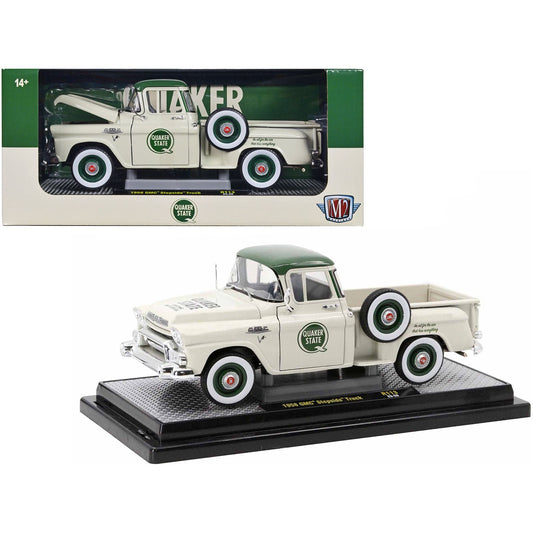 1958 GMC Stepside Pickup Truck Light Beige with Green Top "Quaker State" Limited Edition to 6650 pieces Worldwide 1/24 Diecast Model Car by M2 Machines