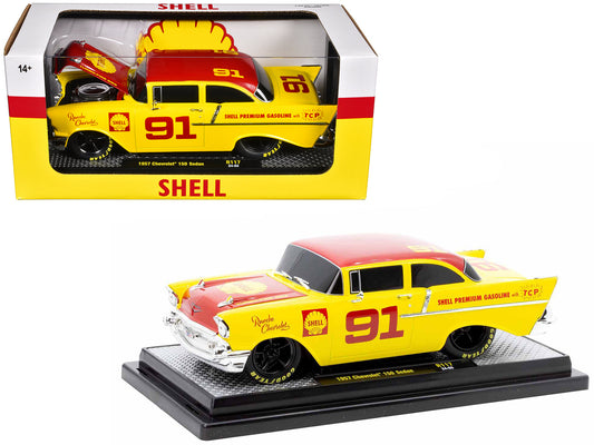 1957 Chevrolet 150 Sedan #91 Yellow with Red Hood and Top "Shell Oil" Limited Edition to 6250 pieces Worldwide 1/24 Diecast Model Car by M2 Machines