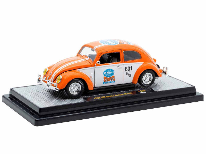 1952 Volkswagen Beetle Deluxe Model "EMPI Power Rules" Orange and White with Graphics Limited Edition to 6650 pieces Worldwide 1/24 Diecast Model Car by M2 Machines