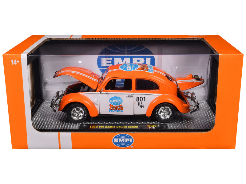 1952 Volkswagen Beetle Deluxe Model "EMPI Power Rules" Orange and White with Graphics Limited Edition to 6650 pieces Worldwide 1/24 Diecast Model Car by M2 Machines