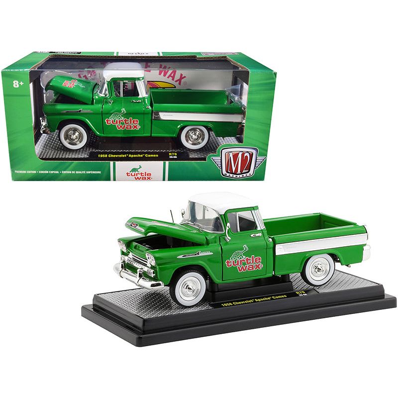 1958 Chevrolet Apache Cameo Pickup Truck Green with White Top and White Stripes "Turtle Wax" Limited Edition to 6880 pieces Worldwide 1/24 Diecast Model Car by M2 Machines