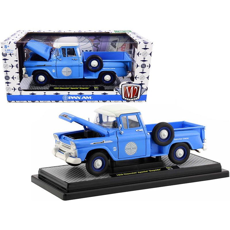 1958 Chevrolet Apache Stepside Pickup Truck "Pan Am" Ground Crew Light Blue with White Top Limited Edition to 6880 pieces Worldwide 1/24 Diecast Model Car by M2 Machines