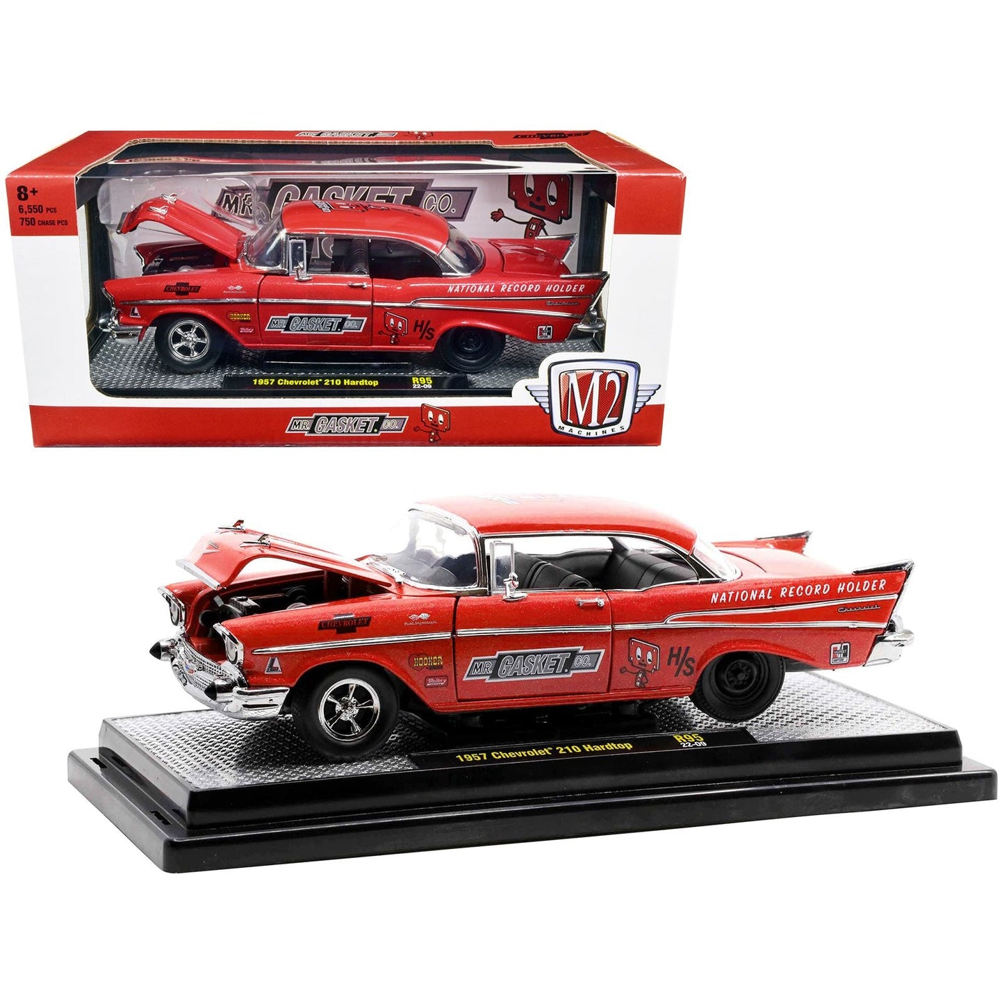 1957 Chevrolet 210 Hardtop Red Heavy Metallic with Graphics "Mr. Gasket Co." Limited Edition to 6550 pieces Worldwide 1/24 Diecast Model Car by M2 Machines