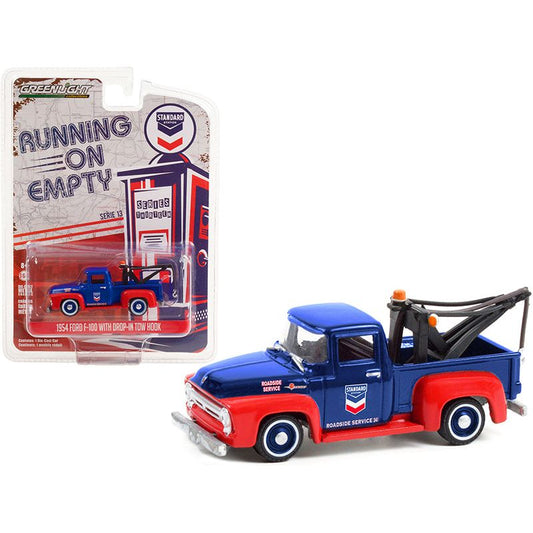 1954 Ford F-100 Tow Truck with Drop-in Tow Hook "Standard Oil" Blue and Matt Red "Running on Empty" Series 13 1/64 Diecast Model Car by Greenlight