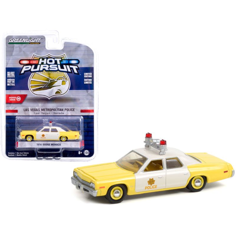 1974 Dodge Monaco Yellow and White "Las Vegas Metropolitan Police Department" (Nevada) "Hot Pursuit" Series 38 1/64 Diecast Model Car by Greenlight