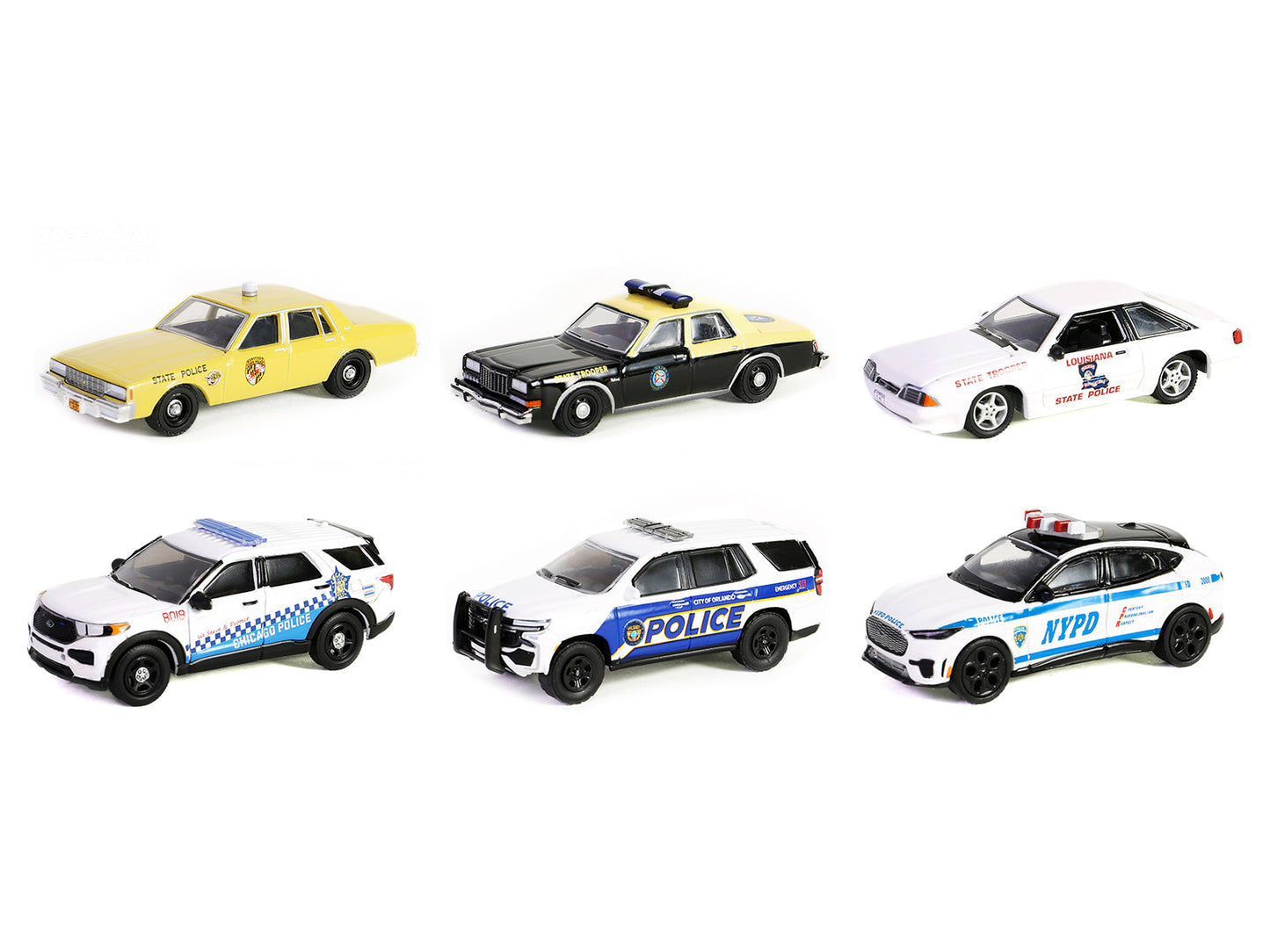 "Hot Pursuit" Set of 6 Police Cars Series 45 1/64 Diecast Model Cars by Greenlight