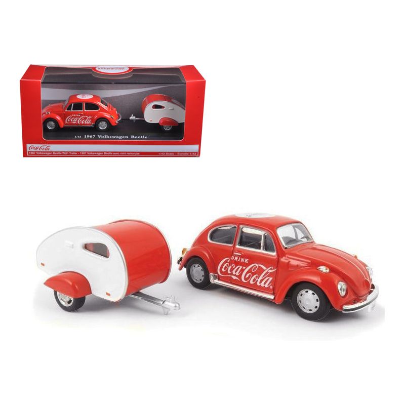 1967 Volkswagen Beetle Red with Teardrop Travel Trailer Red and White "Coca-Cola" 1/43 Diecast Model Car by Motorcity Classics