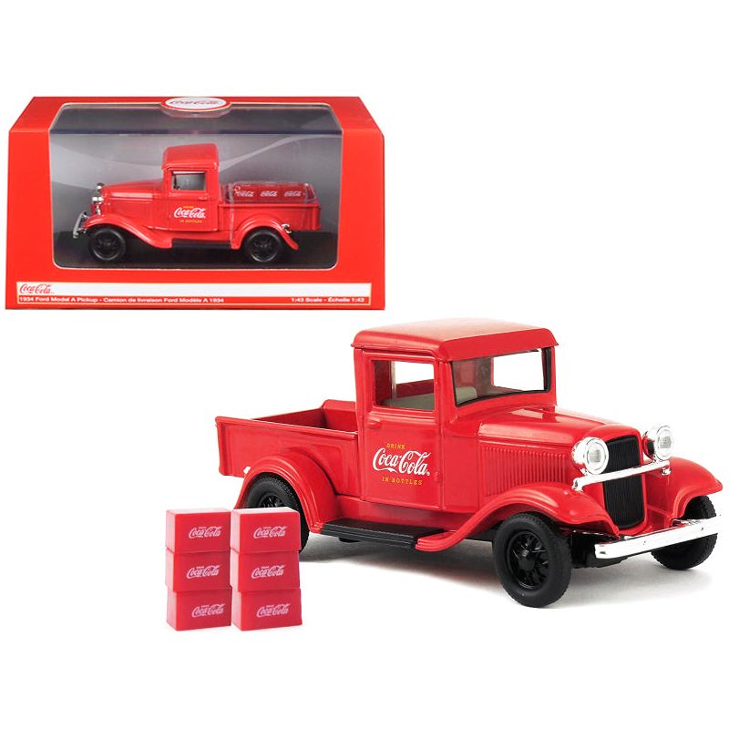 1934 Ford Model A Pickup Truck Red with 6 Bottle Cartons "Coca-Cola" 1/43 Diecast Model Car by Motorcity Classics