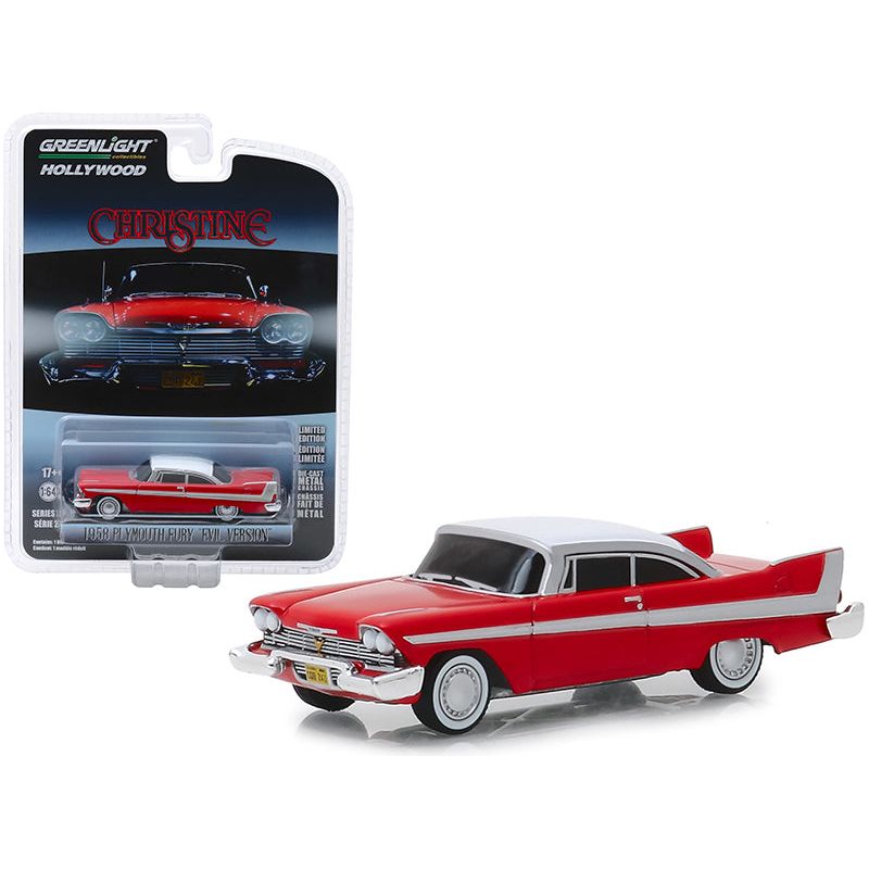 1958 Plymouth Fury Red with White Top "Evil Version" (Blacked Out Windows) "Christine" (1983) Movie "Hollywood Series" Release 24 1/64 Diecast Model Car by Greenlight