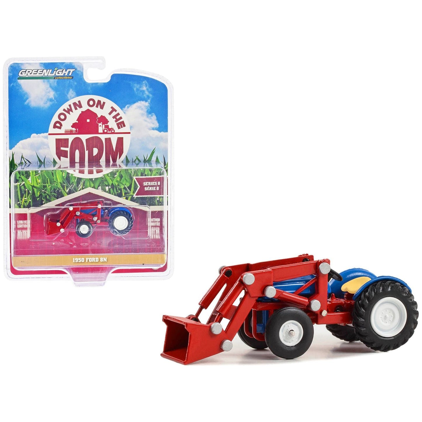 1950 Ford 8N Tractor with Front Loader Blue and Red "Down on the Farm" Series 8 1/64 Diecast Model by Greenlight