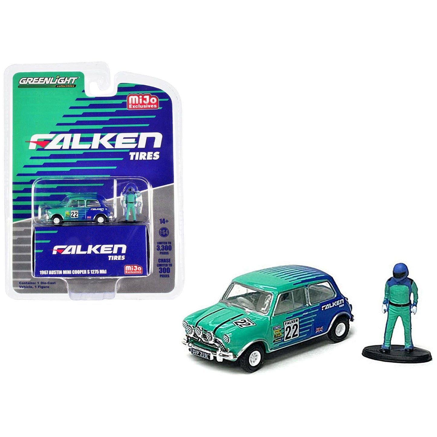 1967 Austin Mini Cooper S 1275 MKI RHD (Right Hand Drive) #22 "Falken Tires" and Driver Figure Limited Edition to 3300 pieces Worldwide 1/64 Diecast Model Car by Greenlight