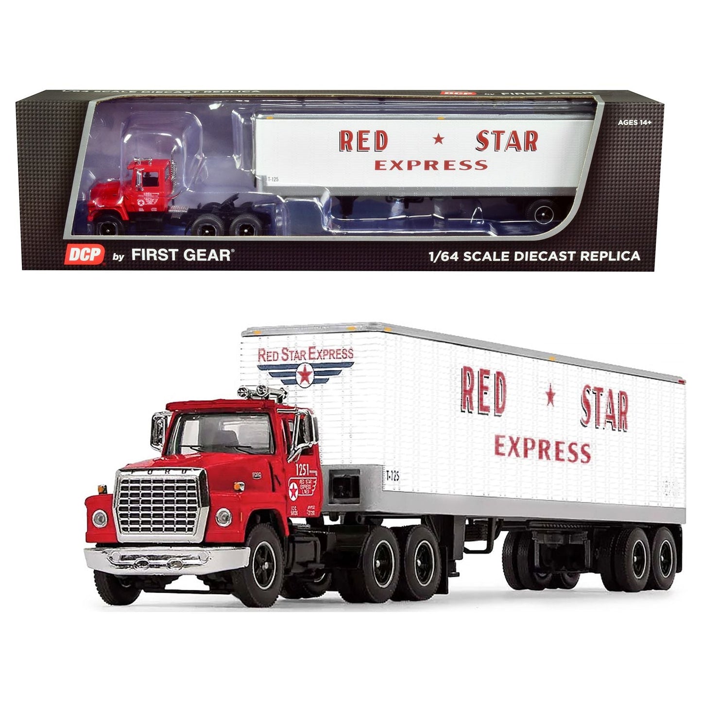 Ford LT-9000 Day Cab with Vintage 40' Dry Goods Tandem-Axle Trailer Red and White "Red Star Express" 1/64 Diecast Model by DCP/First Gear