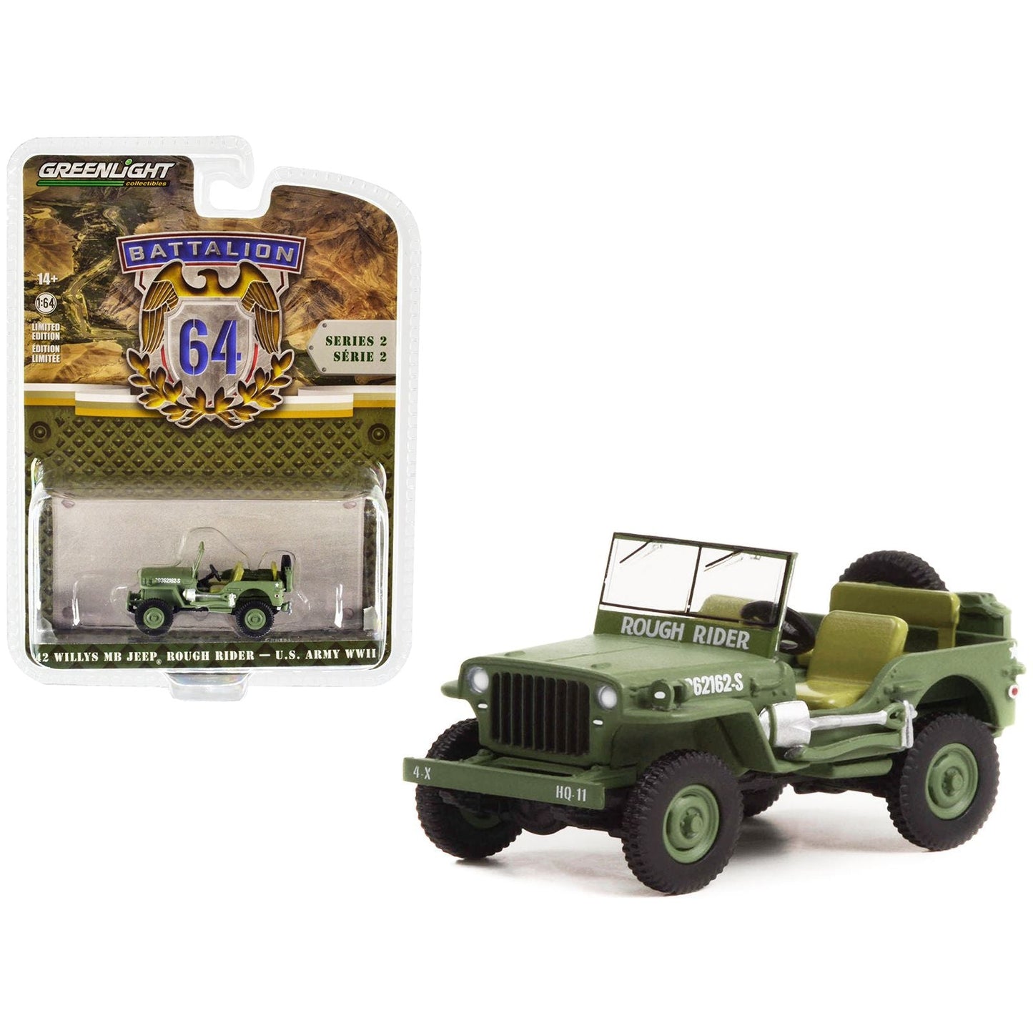 1942 Willys MB Jeep #20362162-S Green "U.S. Army World War II - Rough Rider" "Battalion 64" Release 2 1/64 Diecast Model Car by Greenlight