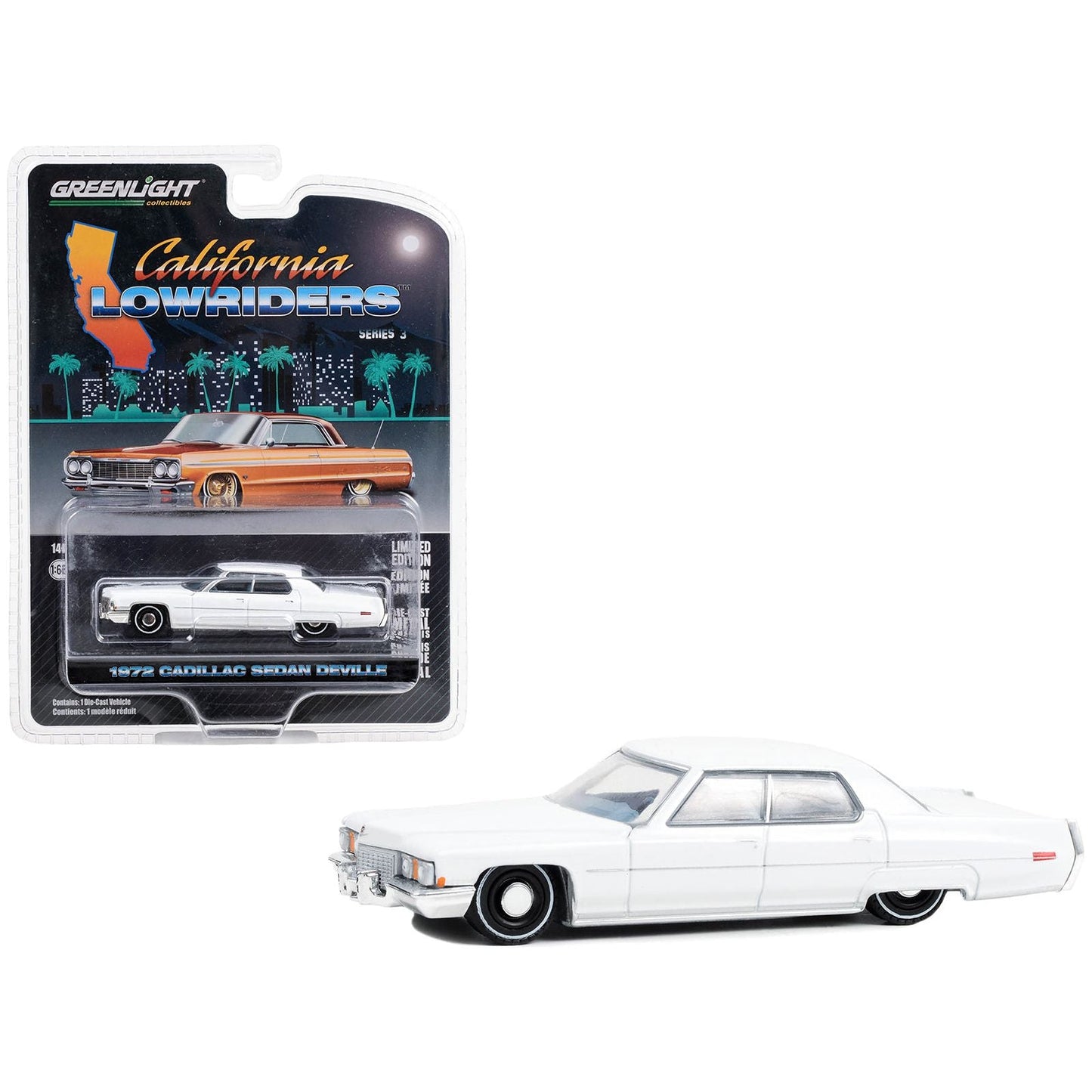 1972 Cadillac Sedan deVille Lowrider Cotillion White with Blue Interior "California Lowriders" Series 3 1/64 Diecast Model Car by Greenlight