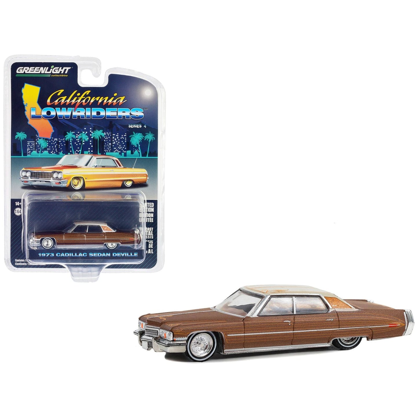 1973 Cadillac Sedan DeVille Dark Brown Metallic with Light Brown Pinstripes and White Top "California Lowriders" Series 4 1/64 Diecast Model Car by Greenlight