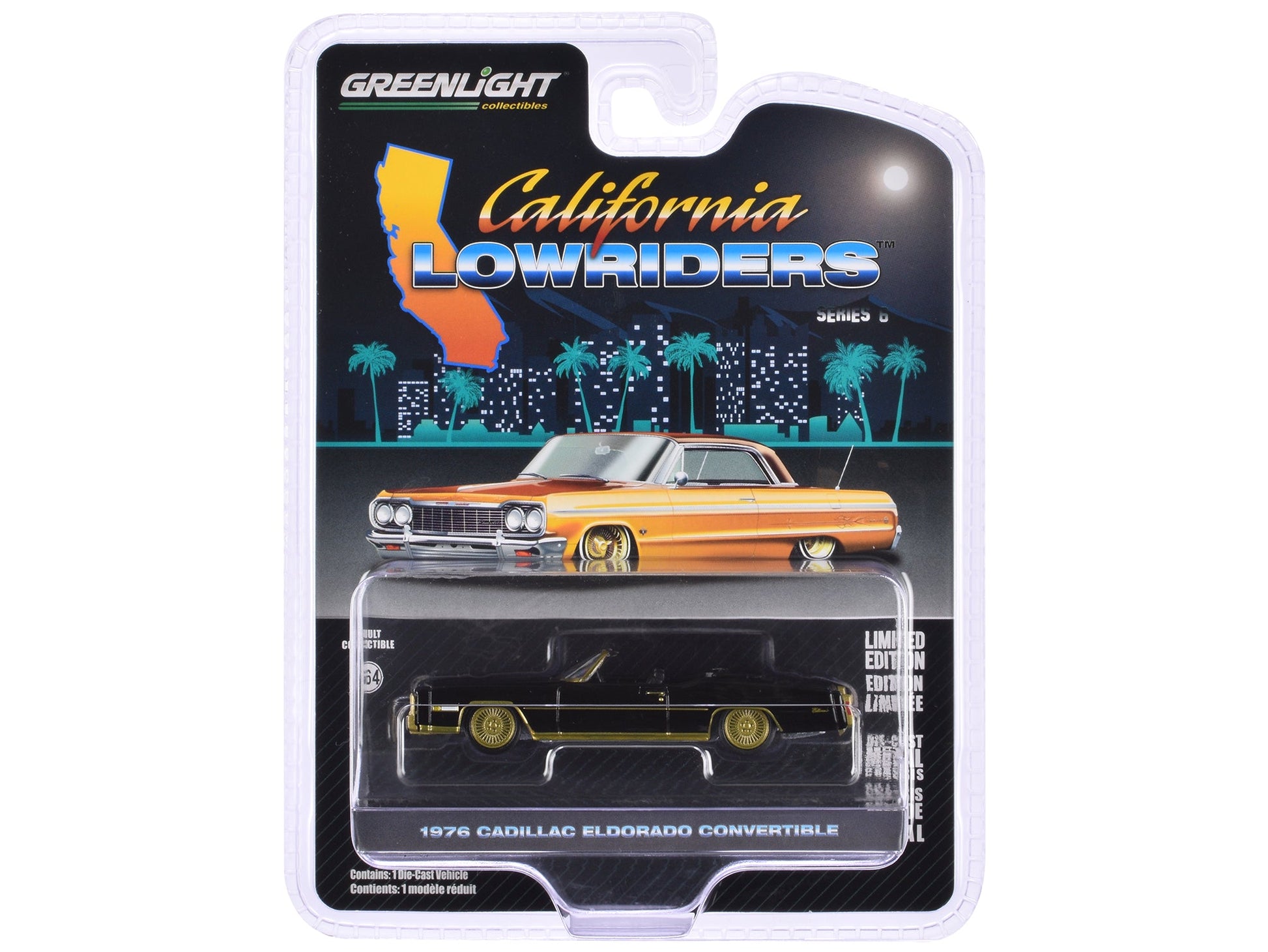 1976 Cadillac Eldorado Convertible Black and Gold "California Lowriders" Series 6 1/64 Diecast Model Car by Greenlight