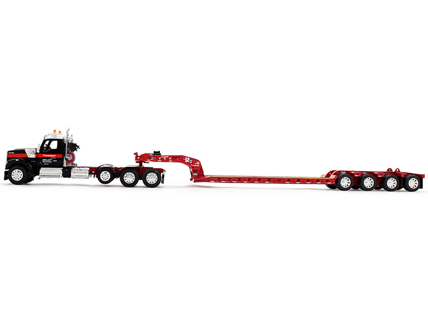 Kenworth W990 Heavy Haul Day Cab and Magnitude Tri-Axle Lowboy Trailer with Flip Tail "Mammoet" Black and Red 1/64 Diecast Model by DCP/First Gear