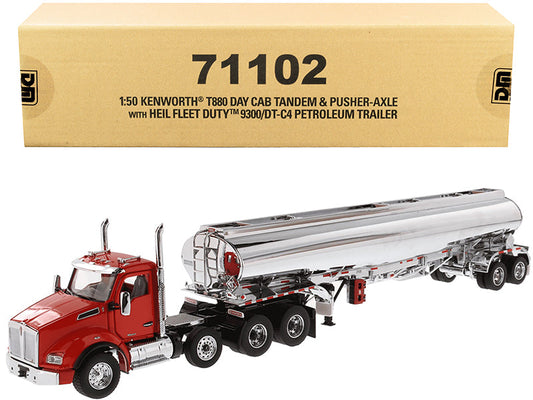 Kenworth T880 Day Cab Tandem Truck with Pusher-Axle and Heil Fleet Duty 9300/DT-C4 Petroleum Tanker Trailer Red and Chrome "Transport Series" 1/50 Diecast Model by Diecast Masters