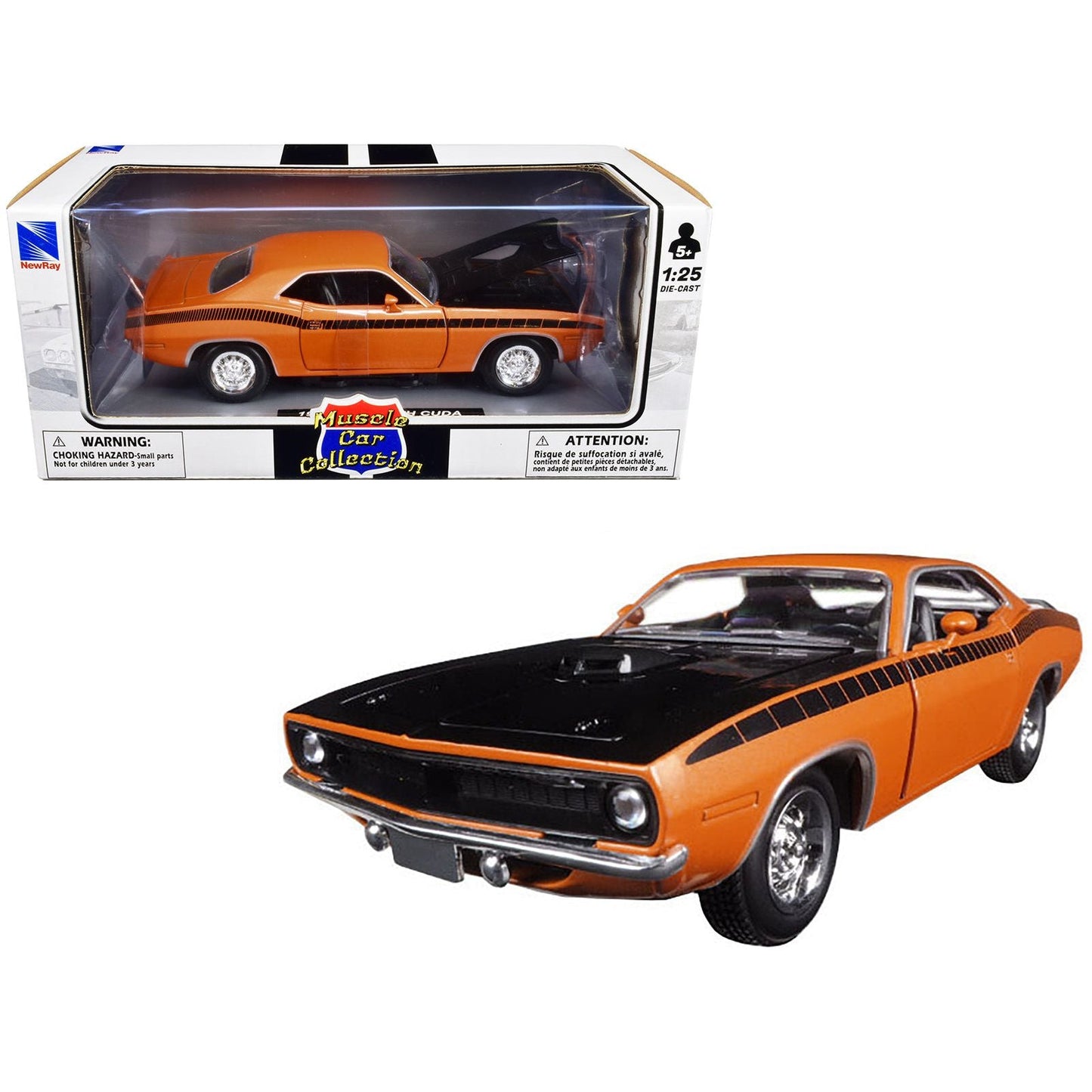 1970 Plymouth Cuda Orange with Black Hood and Stripes 1/25 Diecast Model Car by New Ray