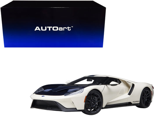 Ford GT Heritage Edition Prototype Wimbledon White with Antimatter Blue Hood and Stripe 1/18 Model Car by Autoart