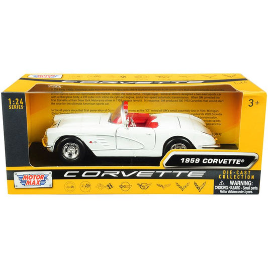 1959 Chevrolet Corvette C1 Convertible White with Red Interior "History of Corvette" Series 1/24 Diecast Model Car by Motormax