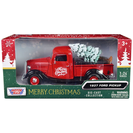 1937 Ford Pickup Truck Red and Black "Merry Christmas" with Tree Accessory 1/24 Diecast Model Car by Motormax