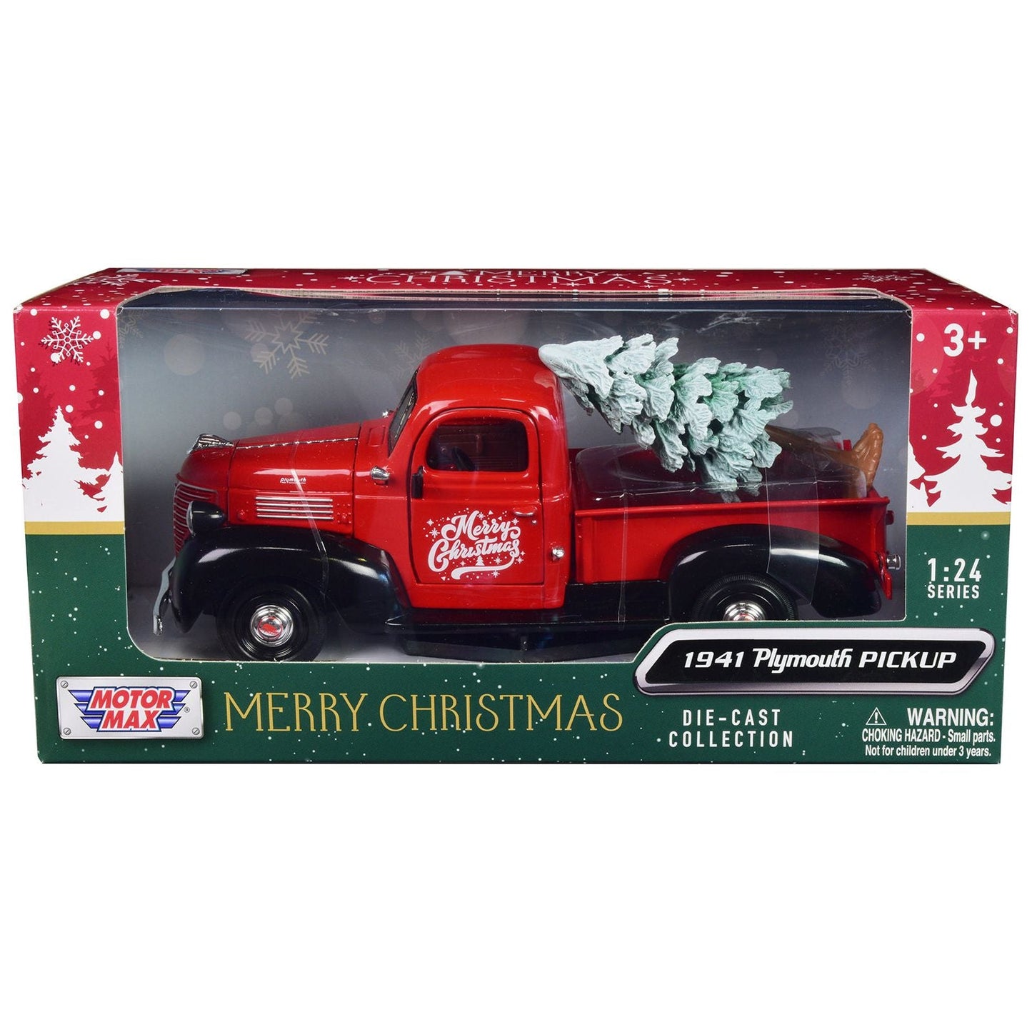 1941 Plymouth Pickup Truck Red and Black "Merry Christmas" with Tree Accessory 1/24 Diecast Model Car by Motormax