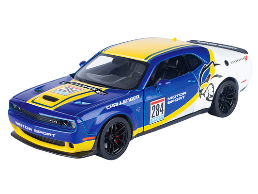 2018 Dodge Challenger SRT Hellcat Widebody #284 Blue Metallic and White with Yellow Graphics "GT Racing" Series 1/24 Diecast Model Car by Motormax