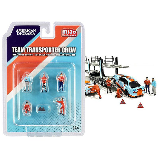 "Team Transporter Crew" Diecast Set of 6 pieces (5 Figurines and 2 Warning Triangles) for 1/64 Scale Models by American Diorama