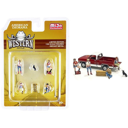 "Western Style" 6 piece Diecast Set (4 Figurines and 2 Accessories) for 1/64 Scale Models by American Diorama