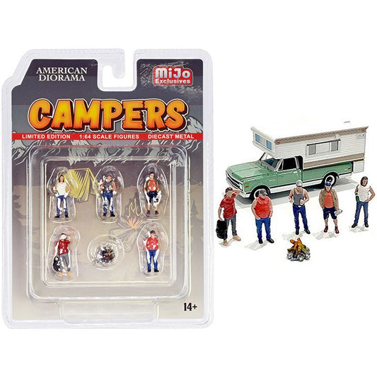 "Campers" 6 piece Diecast Set (5 Figurines and 1 Accessory) for 1/64 Scale Models by American Diorama