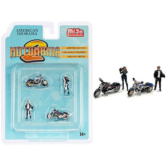 "Motomania 2" 4 piece Diecast Set (2 Figurines and 2 Motorcycles) for 1/64 Scale Models by American Diorama