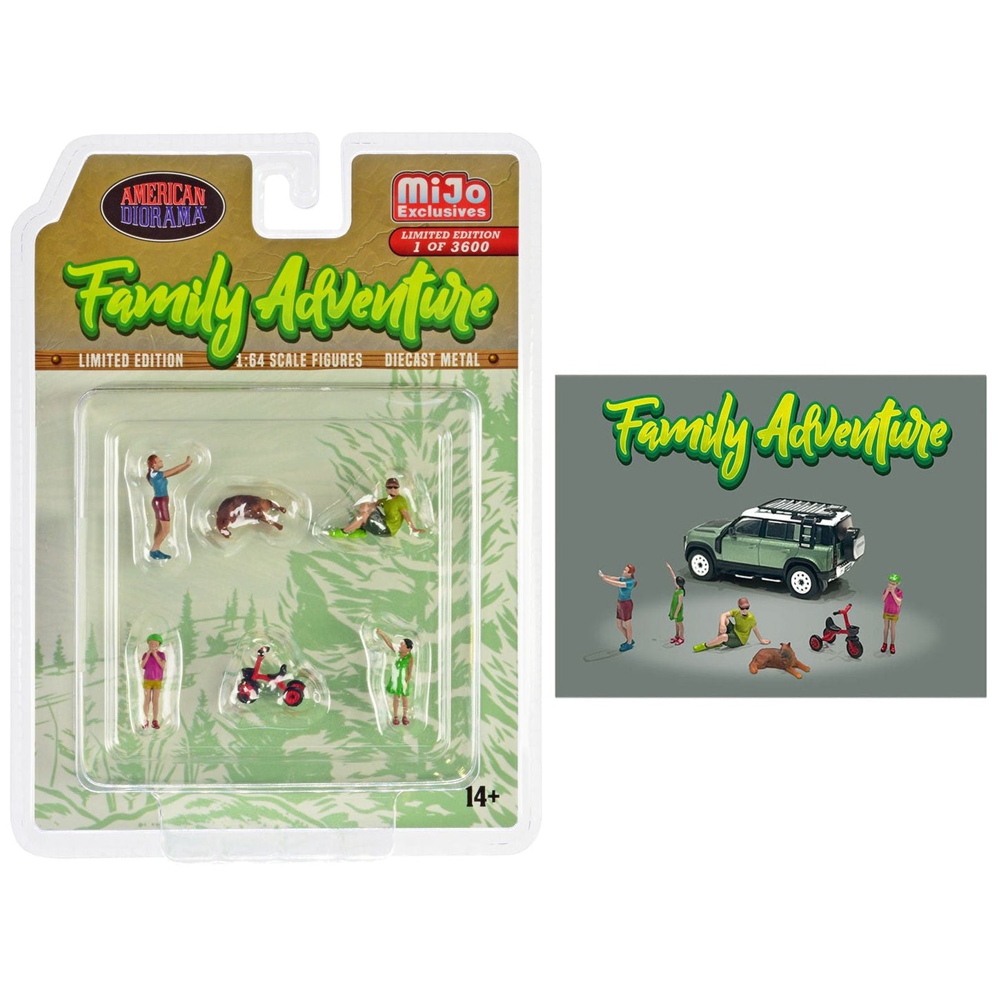 "Family Adventure" 6 piece Diecast Figure Set (4 Figures 1 Dog 1 Tricycle) Limited Edition to 3600 pieces Worldwide 1/64 Scale Models by American Diorama