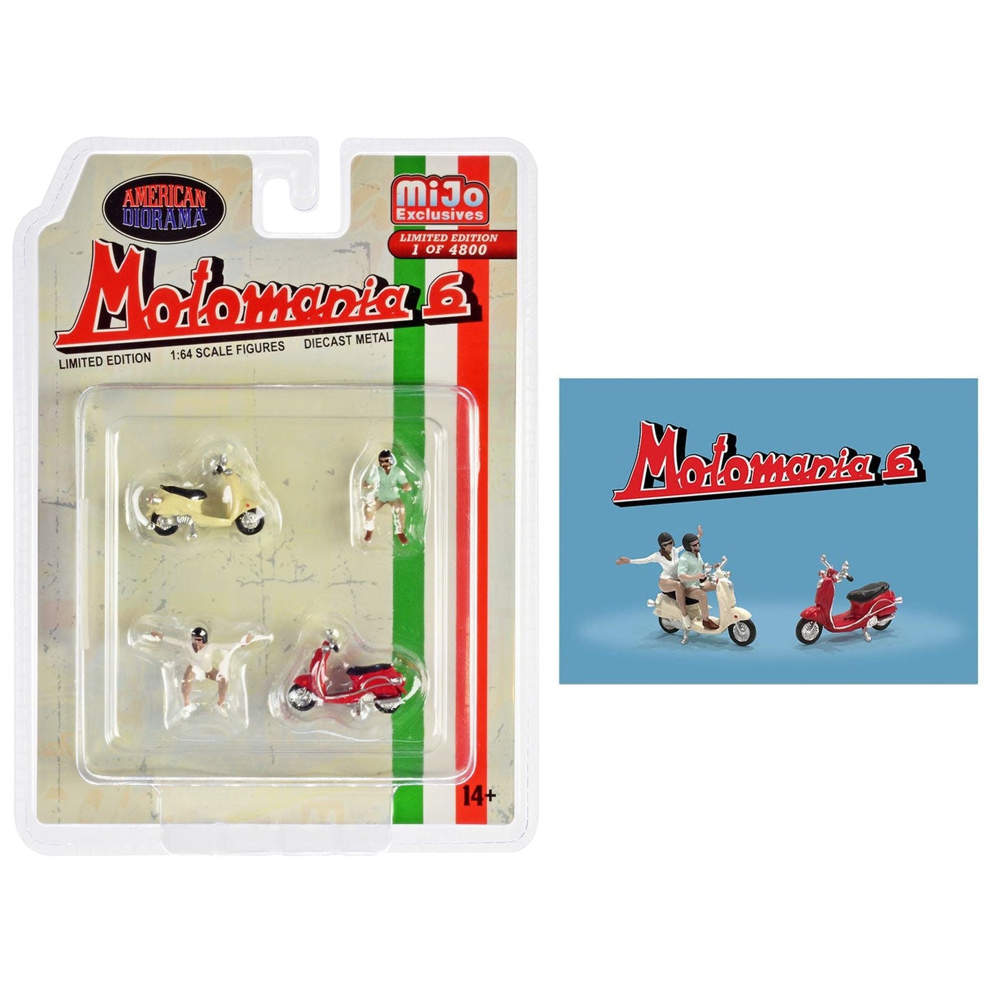 "Motomania 6" 4 piece Diecast Figure Set (2 Figures 2 Scooters) Limited Edition to 4800 pieces Worldwide 1/64 Scale Models by American Diorama