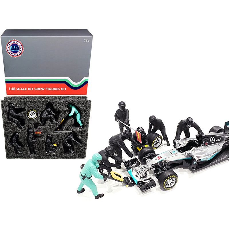 Formula One F1 Pit Crew 7 Figurine Set Team Black for 1/18 Scale Models by American Diorama