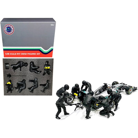 Formula One F1 Pit Crew 7 Figurine Set Team Black Release II for 1/18 Scale Models by American Diorama