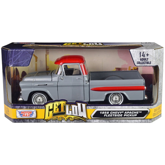 1958 Chevrolet Apache Fleetside Pickup Truck Lowrider Gray with Red Top "Get Low" Series 1/24 Diecast Model Car by Motormax