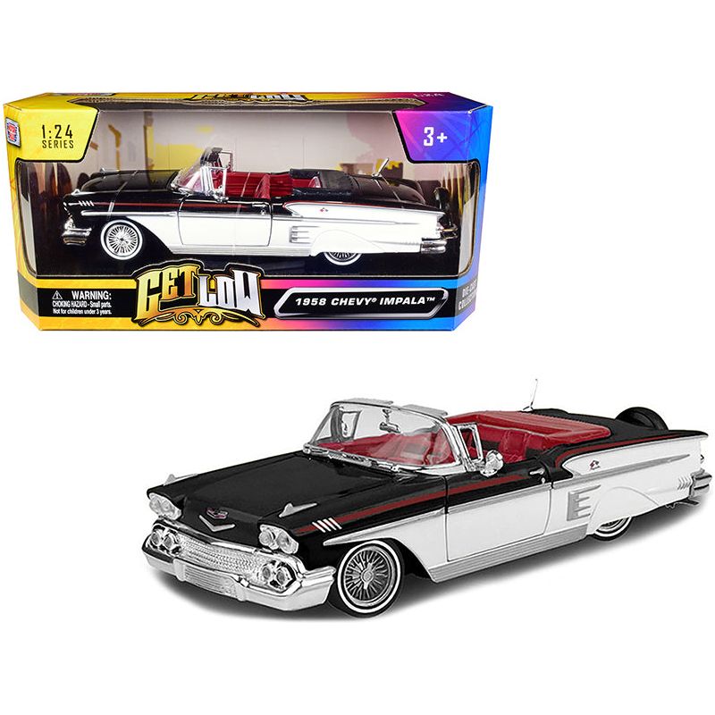 1958 Chevrolet Impala Convertible Lowrider Black and White with Red Interior "Get Low" Series 1/24 Diecast Model Car by Motormax