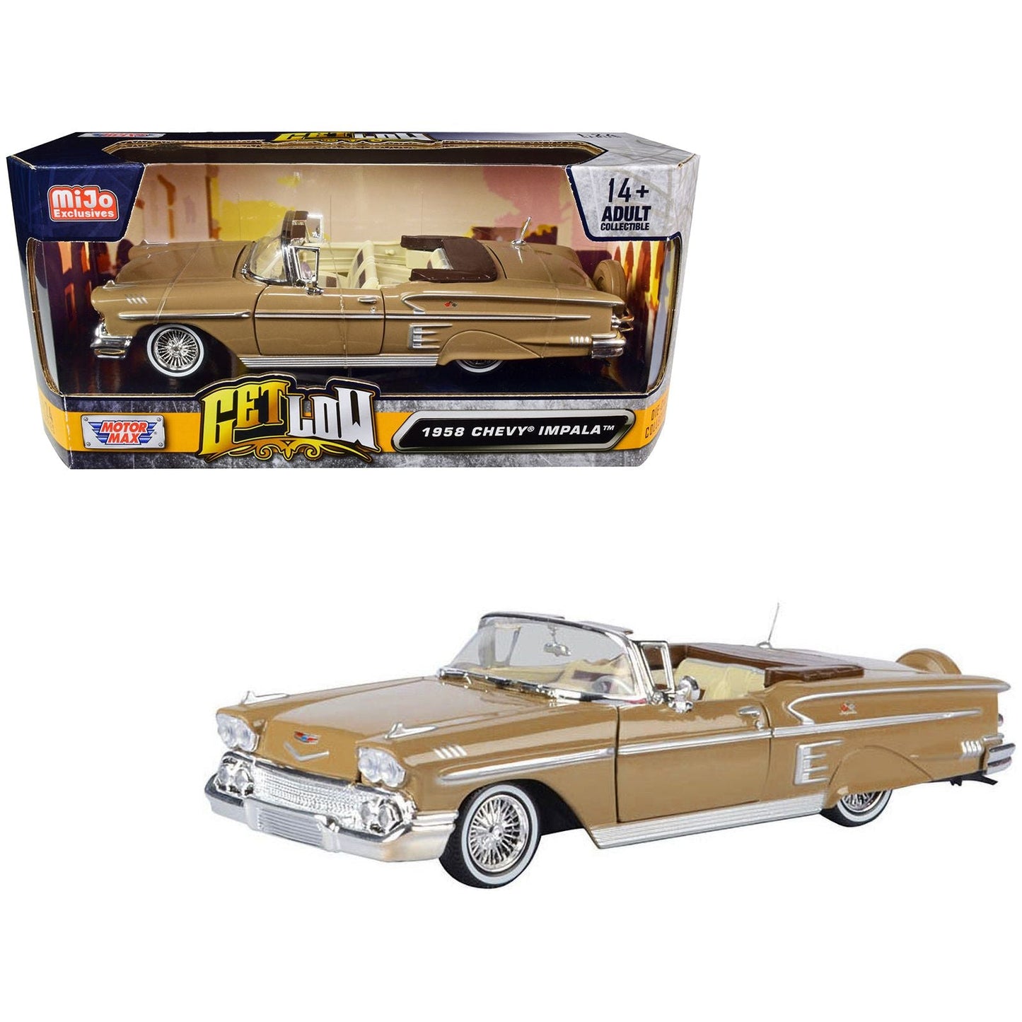 1958 Chevrolet Impala Convertible Lowrider Light Brown with Cream Interior "Get Low" Series 1/24 Diecast Model Car by Motormax