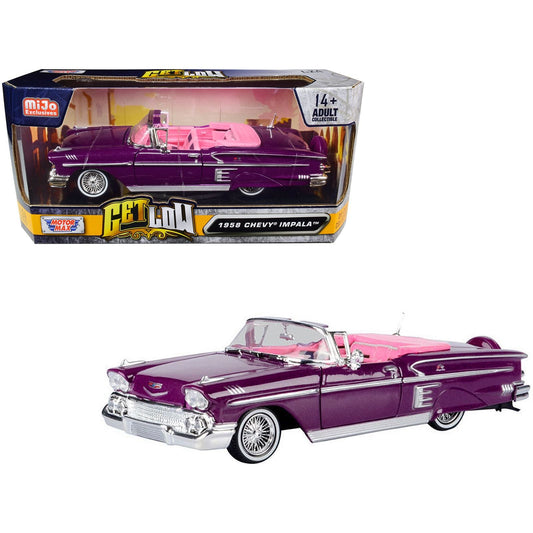 1958 Chevrolet Impala Convertible Lowrider Purple Metallic with Pink Interior "Get Low" Series 1/24 Diecast Model Car by Motormax