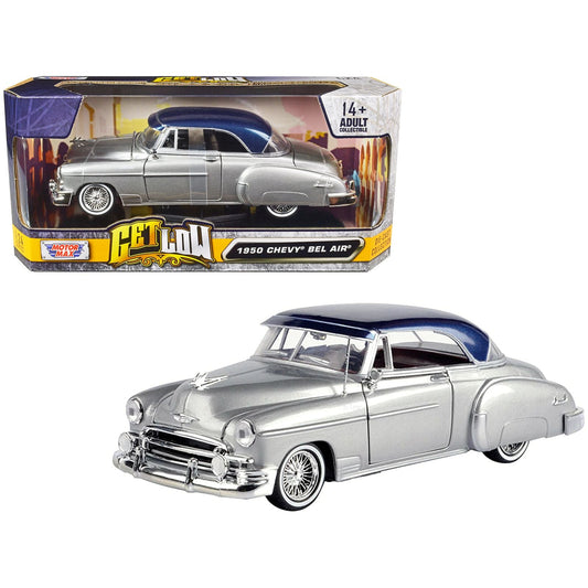 1950 Chevrolet Bel Air Lowrider Silver Metallic with Blue Metallic Top "Get Low" Series 1/24 Diecast Model Car by Motormax